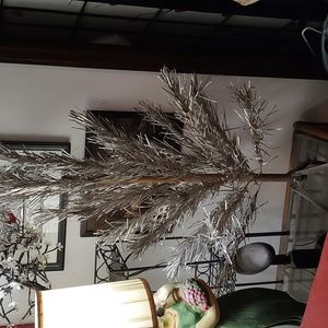 Vintage Silver Tinsel Christmas Tree wooden base stand Silver